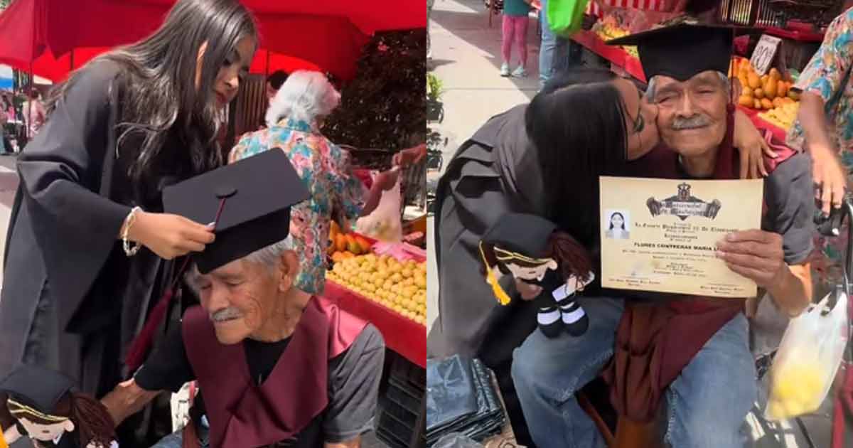 Excelsior's tweet card. Una joven sorprendió a su abuelo con toga, birrete y diploma en el tianguis de Guadalajara; el emotivo momento se volvió viral y tocó miles de corazones.