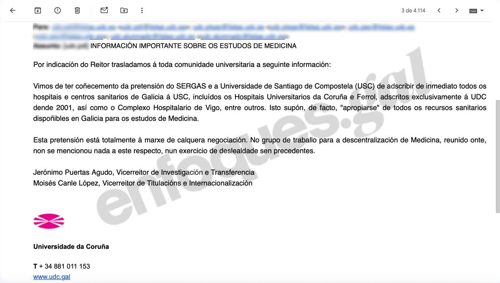 enfoquesgal's tweet card. Un correo interno firmado por dos vicerrectores advierte de que el Sergas y la USC pretenden controlar en exclusiva todos los hospitales docentes de Galicia, dejando sin opciones a la UDC y a Vigo...