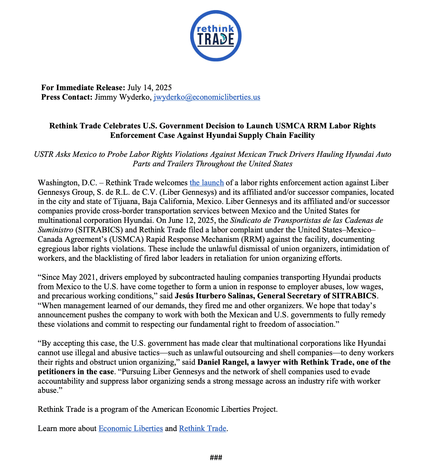 RethinkTrade's tweet card. Press Release: Rethink Trade Celebrates U.S. Government Decision to Launch USMCA RRM Labor Rights Enforcement Case Against Hyundai Supply Chain Facility