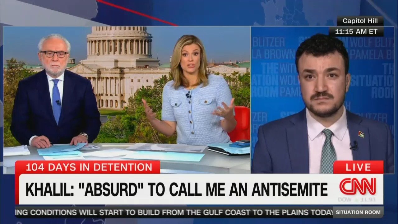 JoshKraushaar's tweet card. Mahmoud Khalil repeatedly refused to condemn Hamas during an interview with CNN's Wolf Blitzer and Pamela Brown on Tuesday.