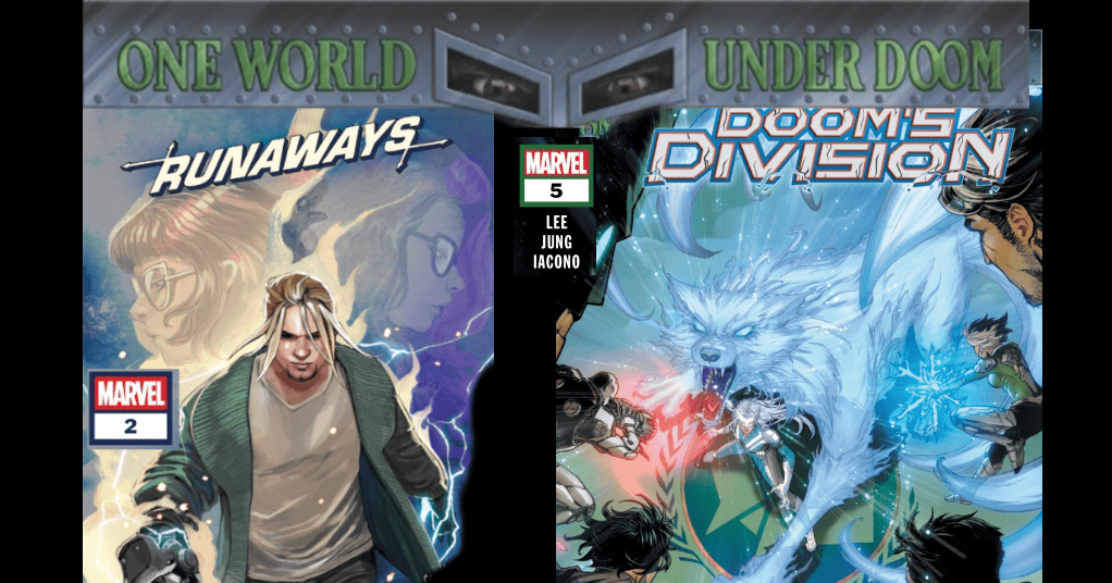 ComicWatchHQ's tweet card. One World Under Doom continues in Runaways #2 @rainbowrowel #ElenaCasagrande Doom Division #5 #YoonHaLee @MinkyuJungArt on shelves & digital platforms on July 23, 2025, from #MarvelComics #OneWorld...