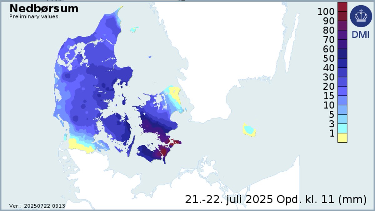 TheWatchers_'s tweet card. The Danish Meteorological Institute (DMI) issued its first-ever red alert for dangerous rainfall on July 21–22, 2025, after more than 130 mm (5.1 inches) fell over parts of southeastern Denmark.