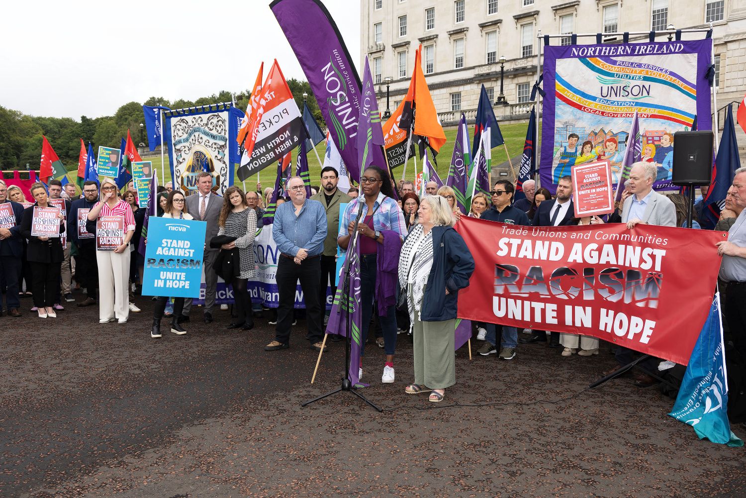 PCS_NI's tweet card. NIC-ICTU Trade Unions call for calm in Ballymena’s streets and in the rhetoric employed by public...