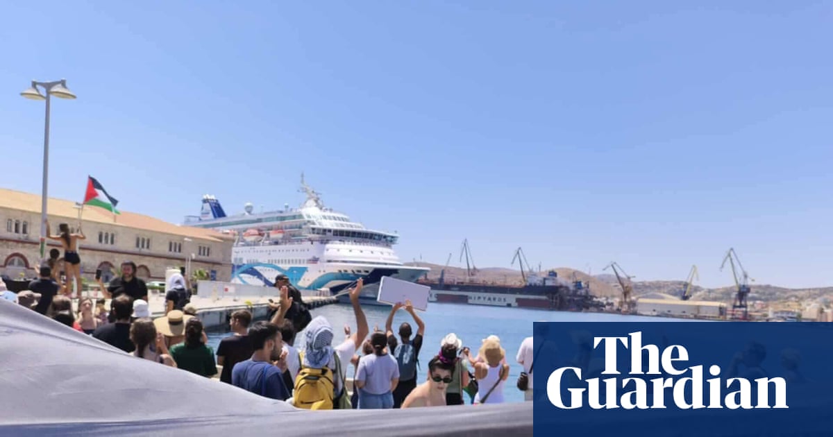 Anthony93544017's tweet card. Tourists greeted on Syros by banner saying Stop the Genocide and prevented from disembarking