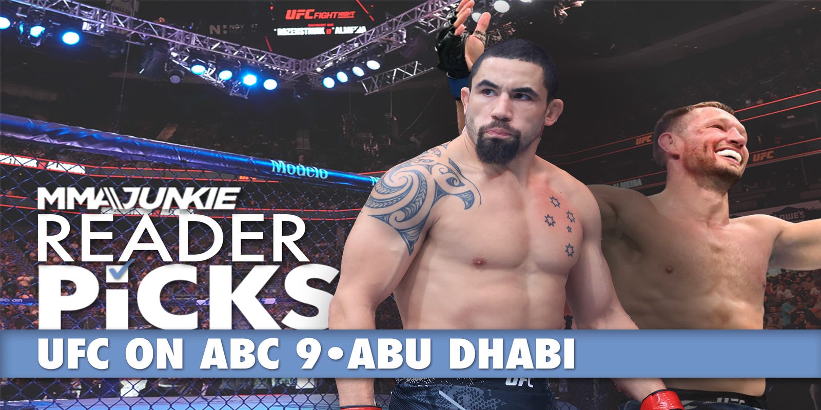 MMAJunkie's tweet card. We want your predictions for UFC on ABC 9 in Abu Dhabi.