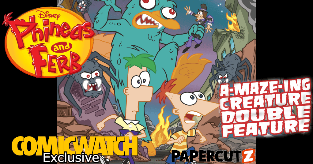 ComicWatchHQ's tweet card. Comic Watch Exclusive: Mom! Phineas and Ferb Are Making an A-MAZE-ing Creature Double Feature With @MadCaveStudios @PapercutzGN @DisneyPlus #PhineasandFerb
