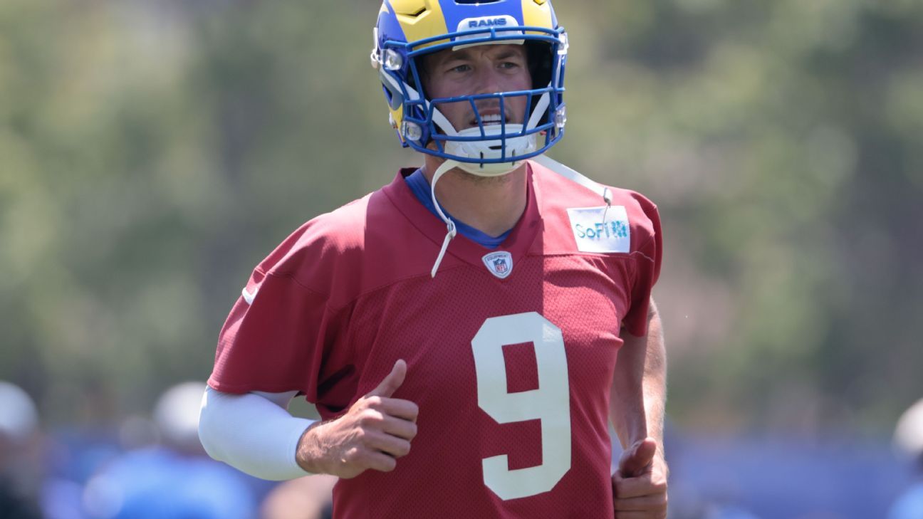 sarahbarshop's tweet card. Los Angeles Rams quarterback Matthew Stafford, 37, will be limited to start training camp as he deals with back soreness, but is "absolutely" expected to be ready for the start of the regular season,...