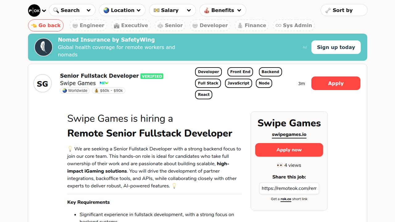 RemoteOK's tweet card. Swipe Games is hiring a Remote Senior Fullstack Developer (💰~$75k). 💡 We are seeking a Senior Fullstack Developer with a strong backend focus to join our core team. This hands-on role is ideal for...