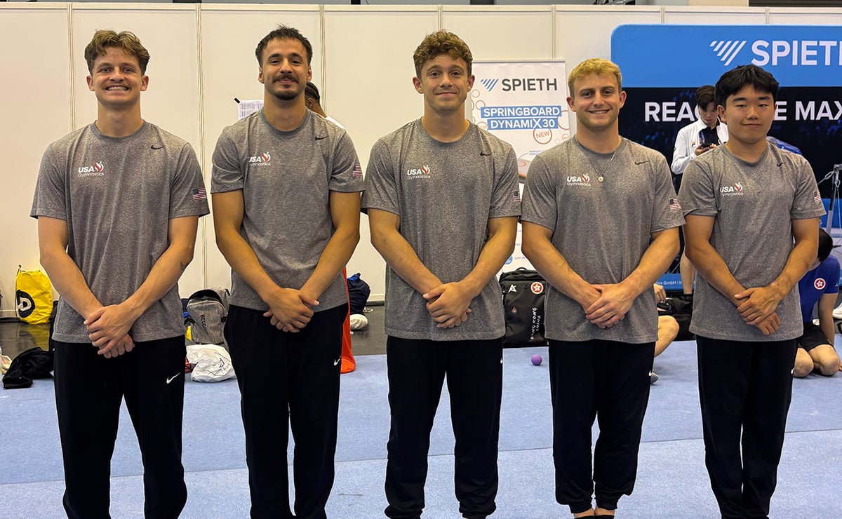 USAGym's tweet card. The U.S. men's team of Tate Costa, Patrick Hoopes, Alex Nitache, Kai Uemura and Colt Walker compete in Germany this week at the 2025 World University Games July 22-26.