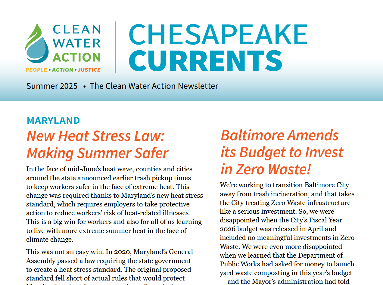 cleanh2oaction's tweet card. In this Issue: New Heat Stress Law: Making Summer Safer, Baltimore Amends its Budget to Invest in Zero Waste, W.R. Grace Moves Forward with Chemical Recycling Despite Community Opposition, Reducing...