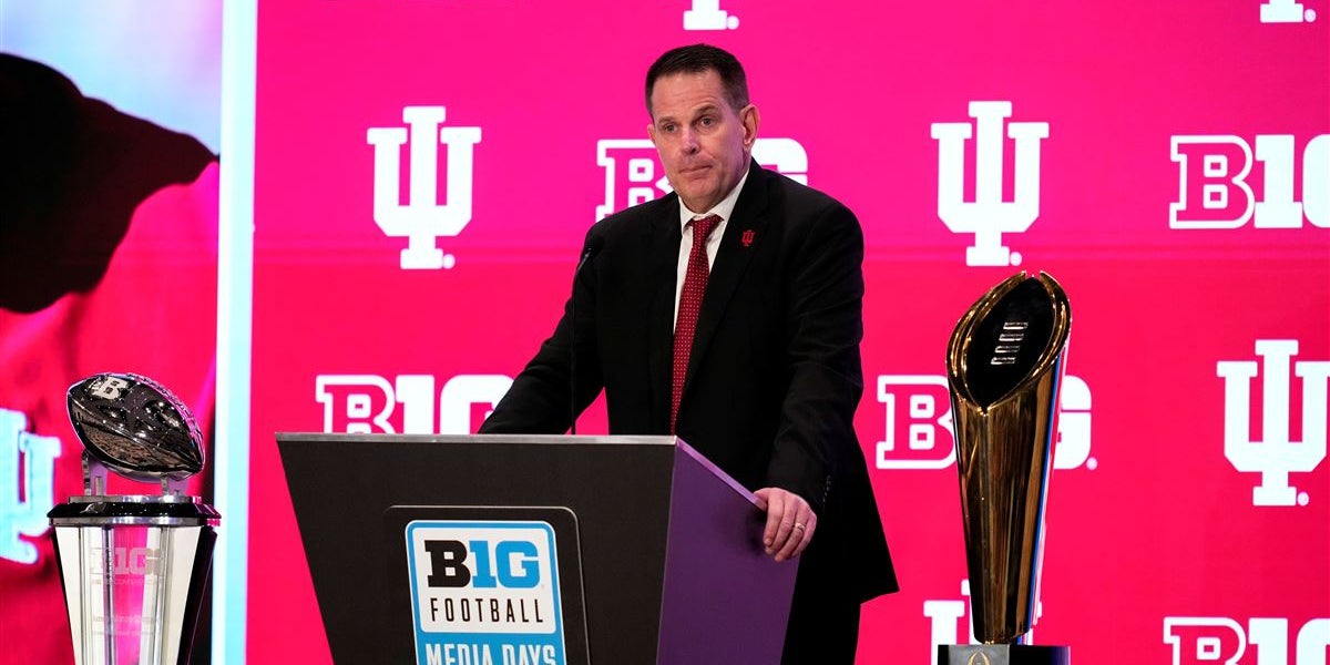 JeffRabjohns's tweet card. Video of Indiana head coach Curt Cignetti speaking to the media when he was at the podium at the 2025 Big Ten Media Days.