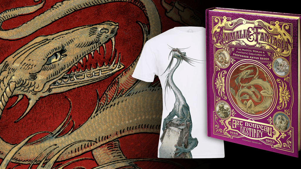 axelkallesoe's tweet card. A book of incredible fantasy Art Nouveau illustrations from 1895 by Anton Seder + tshirts with a magical dragon illustration from 1895