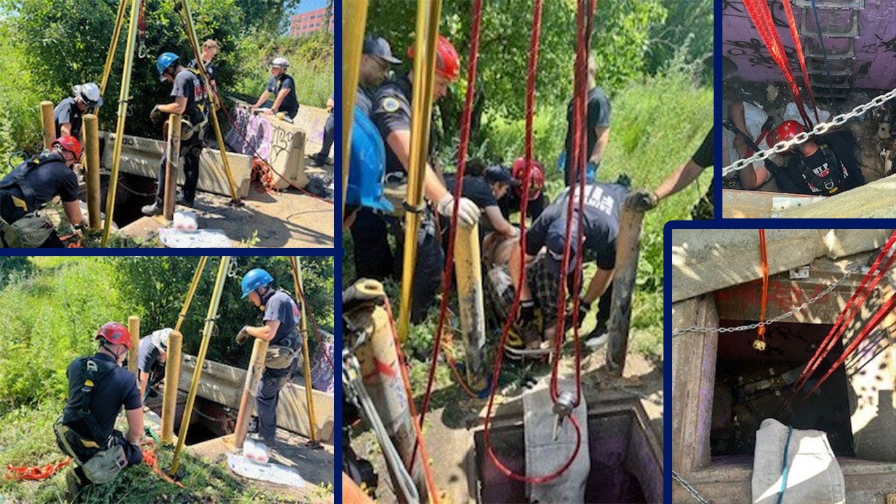 TimBlotzFOX9's tweet card. Firefighters say the man had been stuck in the sewer for four days, and was rescued after someone heard him screaming for help.