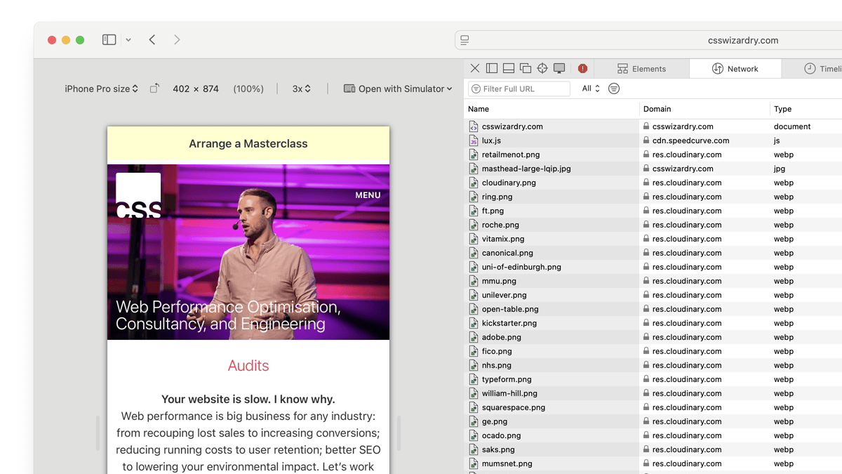 csswizardry's tweet card. Arrange a one-day workshop and get hands-on with Core Web Vitals in Safari