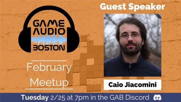 GameAudioBoston's tweet card. **For February's meetup we will have a talk by Caio Jiacomini going over his process for the sound design and implementation of car engine audio for the indie racing game A