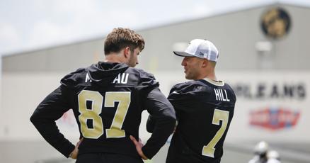 NOLAnews's tweet card. Tight ends Taysom Hill and Foster Moreau will start training camp on the Physically Unable to Perform list.