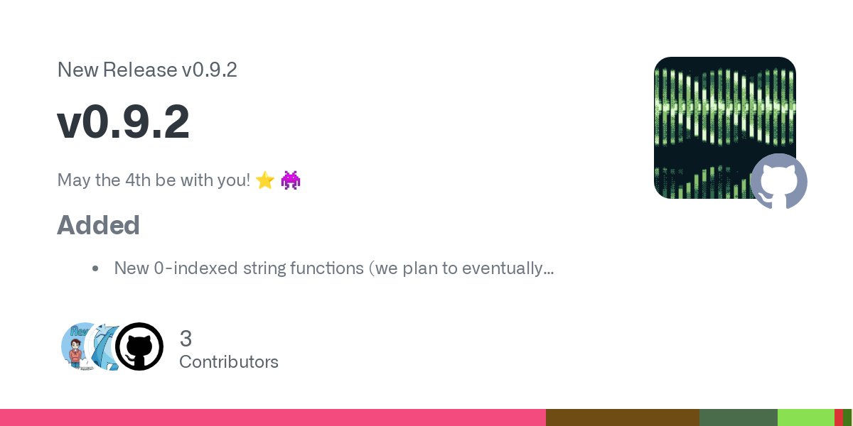 gbdev0's tweet card. May the 4th be with you! ⭐ 👾 Added New 0-indexed string functions (we plan to eventually deprecate the old 1-indexed ones): STRFIND and STRRFIND: like STRIN and STRRIN STRCHAR: like CHARSUB STRSL...