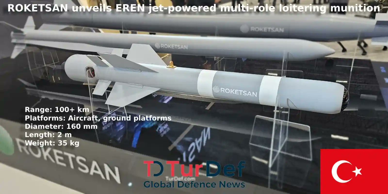 turdefcom's tweet card. ROKETSAN has unveiled the EREN jet-powered loitering munition, combining light weight, long range, and multiple target sets in one package, during IDEF25.