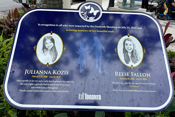 DanforthFSC's tweet card. A plaque remembering the victims of the Danforth Shooting on July 22, 2018, was recently unveiled in Alexander the Great Parkette at Danforth and Logan