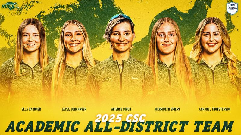 NDSUTrackField's tweet card. The Bison women selected to the CSC Academic All-District Team were Ella Gardner, Jacee Johannsen, Arienne Birch, Merrideth Spiers, and Annabel Thorstenson.