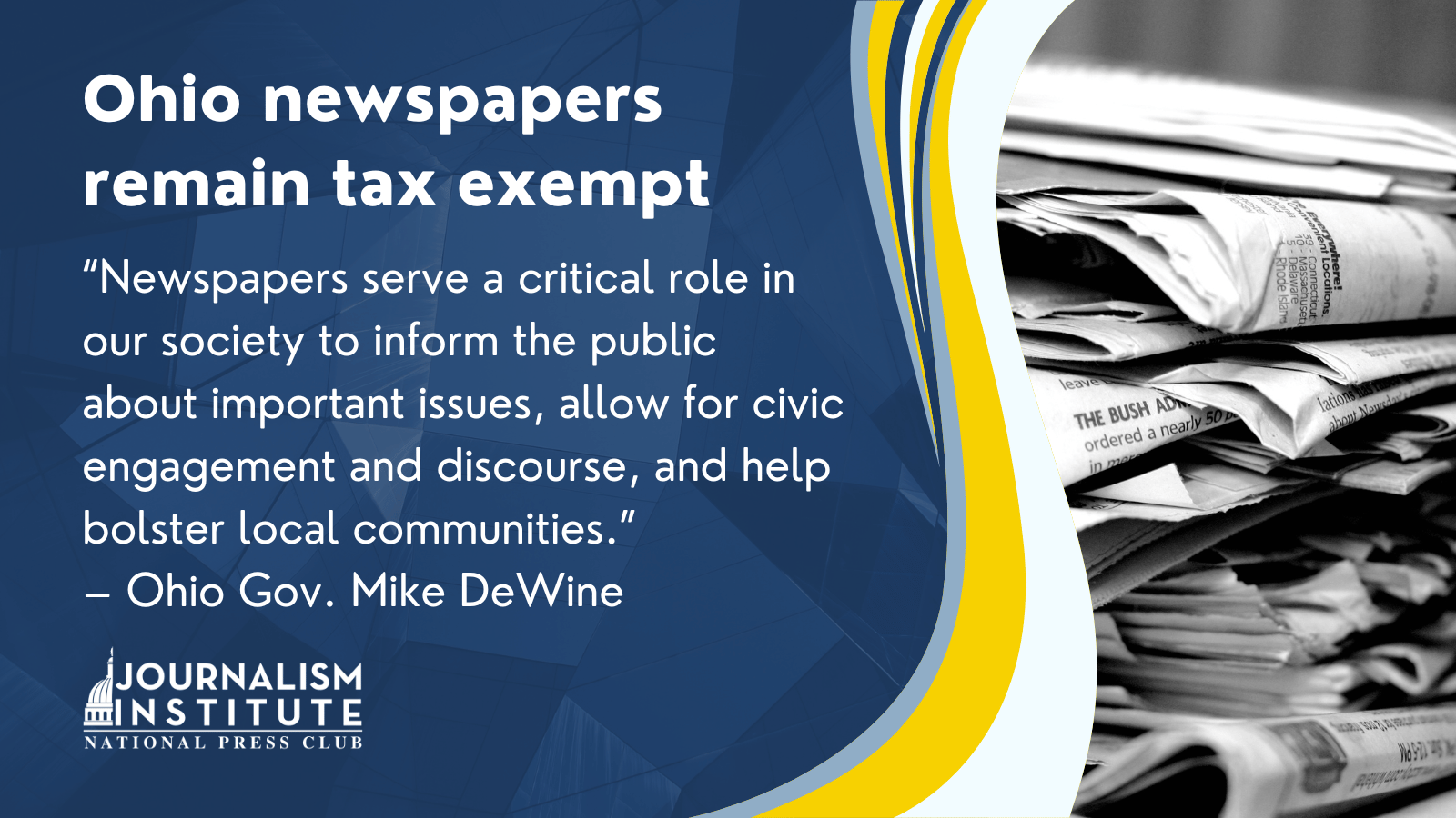 NPCInstitute's tweet card. Ohio Gov. Mike DeWine on Monday vetoed a proposed tax on newspapers and their production materials, aligning Ohio with a growing number of states taking steps to protect local journalism.  DeWine’s...