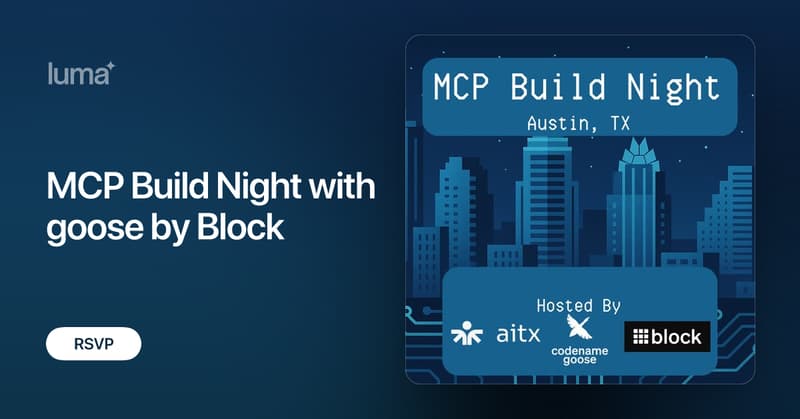 blockopensource's tweet card. Join AITX and the team behind codename goose by Block for MCP Build Night, a hands-on event for anyone curious about building with MCP (Model Context…