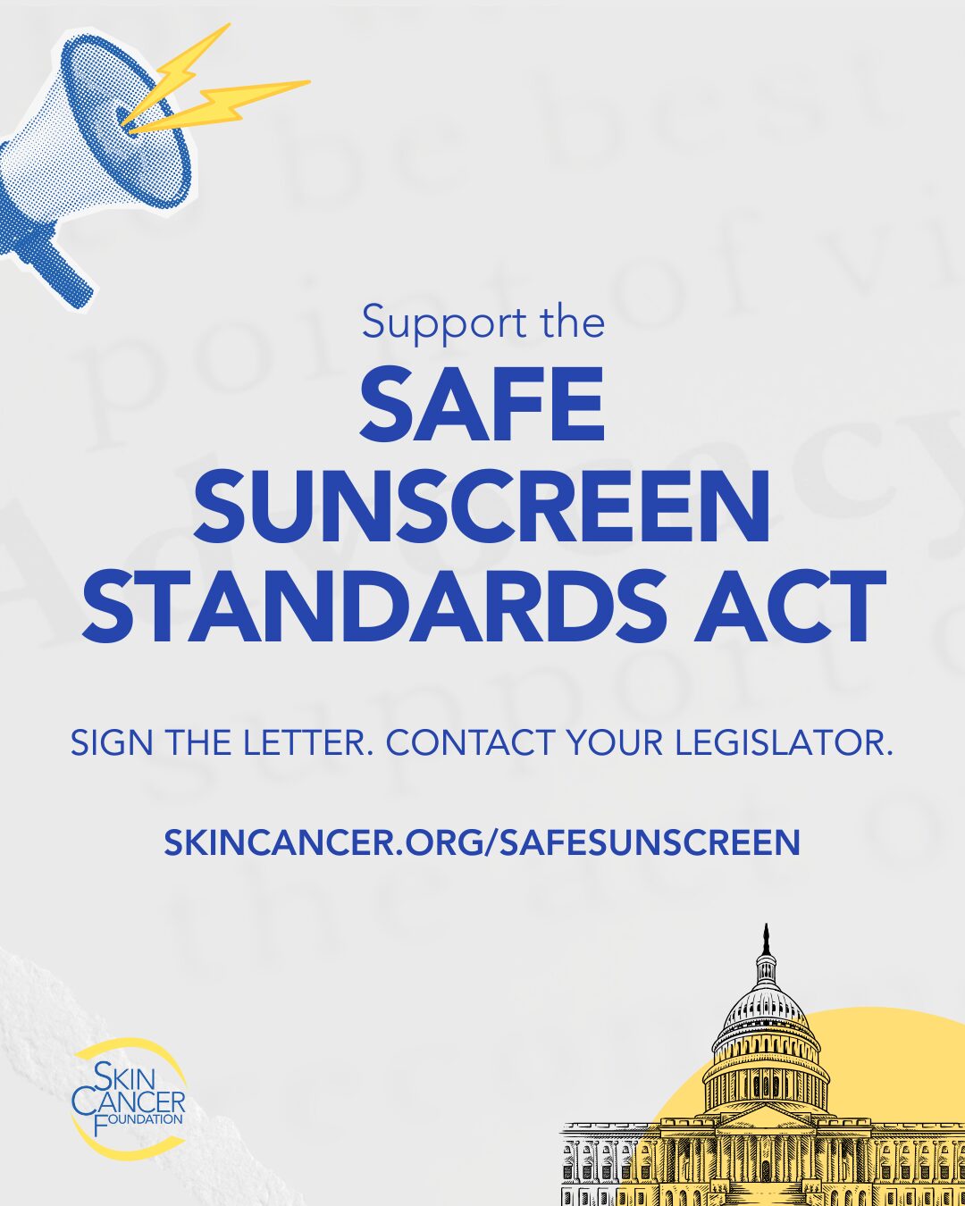 SkinCancerOrg's tweet card. Team up to advocate for access to new sunscreen options to prevent skin cancer and save lives. Sign the letter of support for the SAFE Sunscreen Standards Act