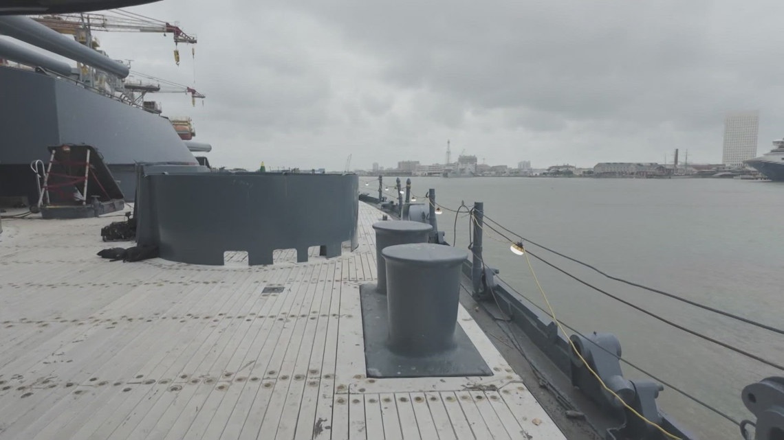 KHOU's tweet card. A famous battleship that served our country in two major wars will call Galveston home.