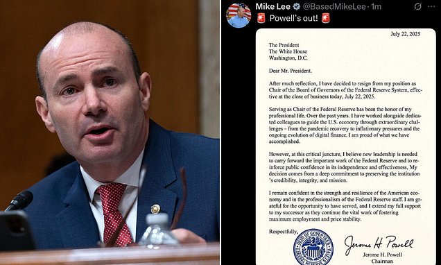 AliceTinker1943's tweet card. A Utah Republican is being raked over the coals for sharing a fake resignation letter, made out to be from Federal Reserve Chairman Jerome Powell.