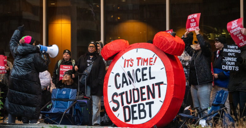 supermajority's tweet card. Aging debtors staged a “knit-in” outside of the Department of Education to demand loan forgiveness.