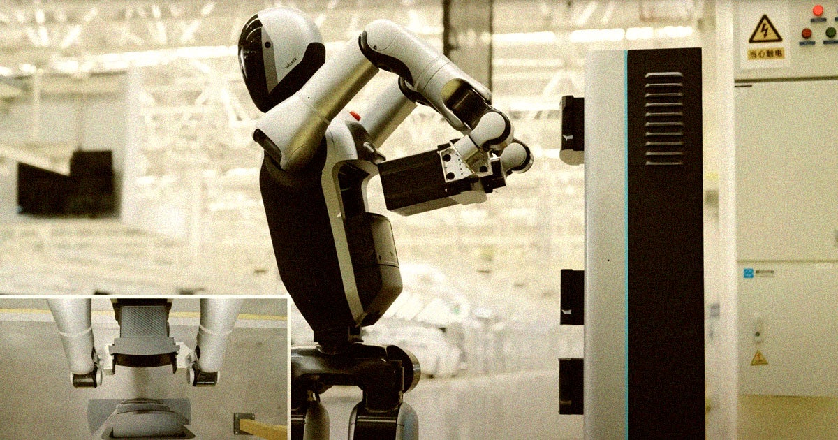 PhilipG11218771's tweet card. Chinese company UBTECH recently showed off its bipedal Walker S2 robot contorting its arms to hot swap one of its battery packs.