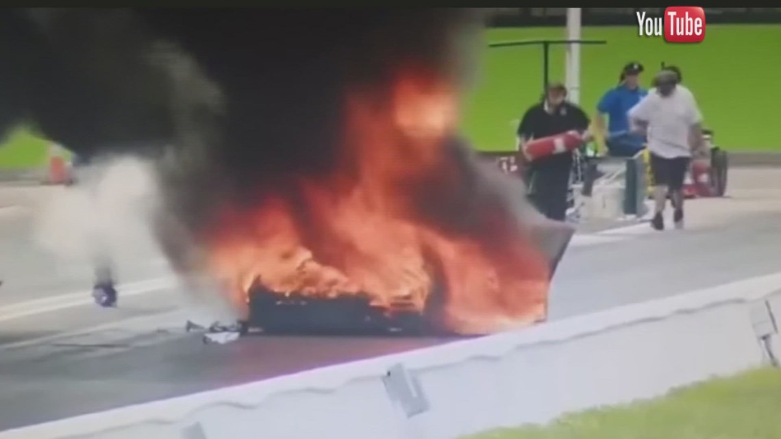 10TV's tweet card. A Michigan drag racer is critically injured after his car engine exploded at a Hebron raceway, with his wife raising concerns about inadequate fire safety.