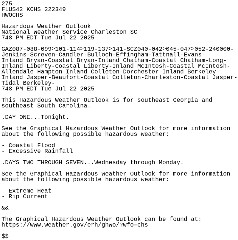 iembot_chs's tweet card. HWO issued by NWS CHS at 22 Jul 2025 23:48 UTC