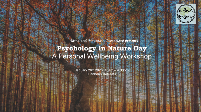 MindfulBangor's tweet card. Mind and Mountain Psychology Seicoleg Meddwl a Mynydd  Please join us for our Psychology in Nature Day - a day of personal deve...