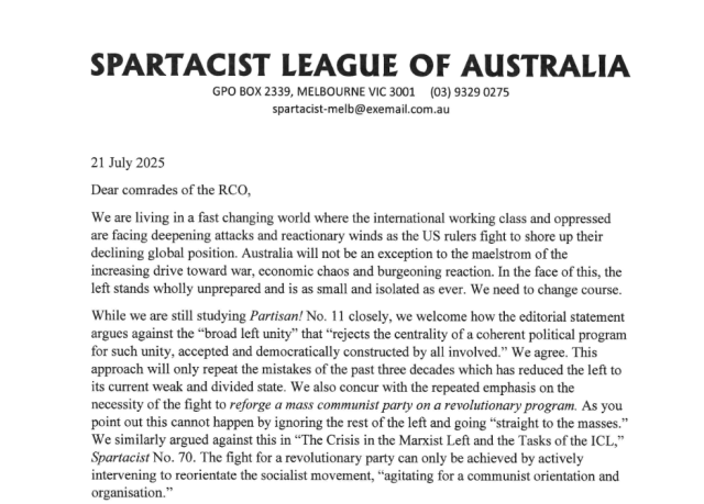 Revmira_RCO's tweet card. The Spartacist League of Australia has sent a letter to the Revolutionary Communist Organisation (RCO) calling for unity and stating their desire to join the RCO. Partisan publishes this letter in …