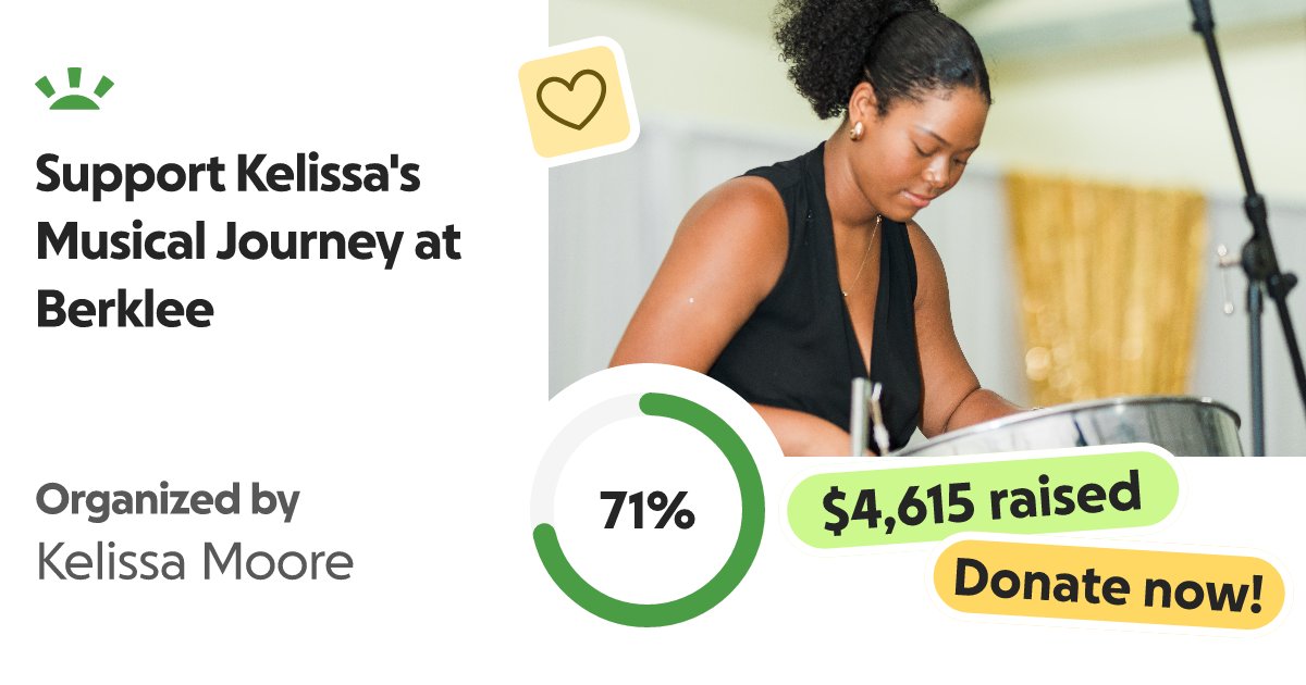 dingdong961's tweet card. Hey, everyone. My name is Kelissa and I'm a pannist from Trinidad and Tobag… Kelissa Moore needs your support for Support Kelissa's Musical Journey at Berklee