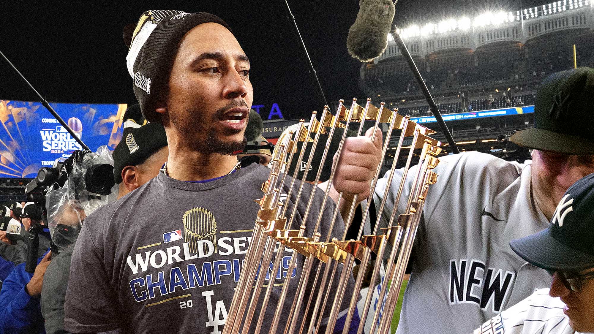 mjkoryta's tweet card. Undeterred Yankees Fan Attempts To Wrestle World Series Trophy Away From Mookie Betts