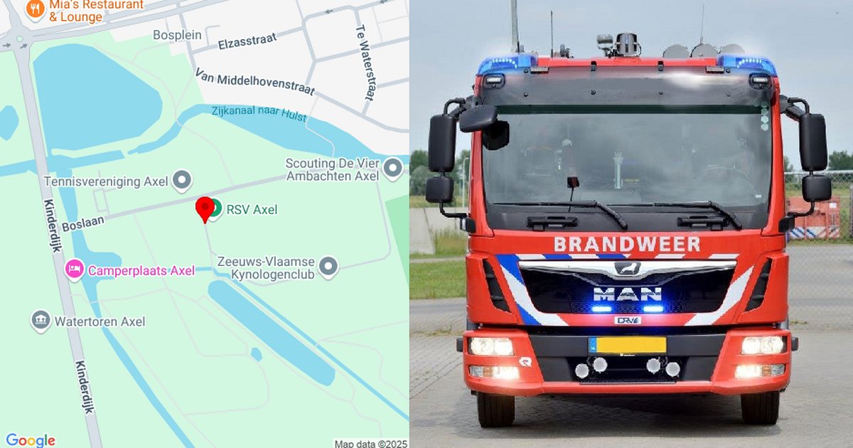 VRZ's tweet card. Er is brand in een leegstaand gebouw aan de Boslaan in Axel. Het betreft een oud clubgebouw. De brand is uitslaand. We zijn met drie blusvoertuigen, een waterwagen en een grootschalig watertransport...