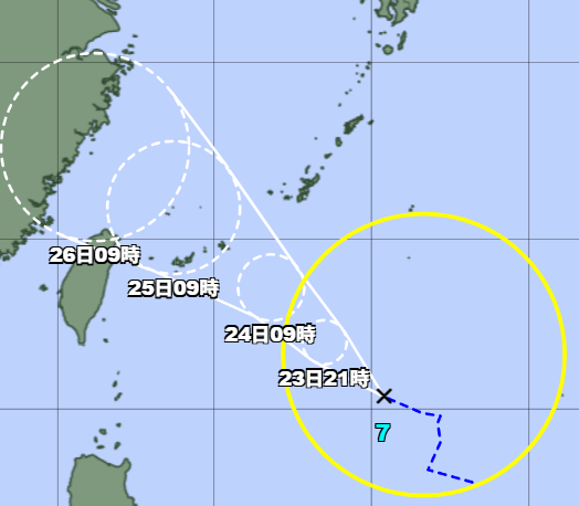 theokinawatimes's tweet card. 　気象庁によると、２３日午前９時、日本の南にあった熱帯低気圧が台風７号に変わった。時速２０キロの速さで北西に進んでおり、やや発達しながら２４日から２５日にかけて先島諸島を通過する見込み。２４日から２５日にかけて沖縄本島地方にも接近する見込みで、進路によっては警報級の大雨や大しけとなる恐れがある。