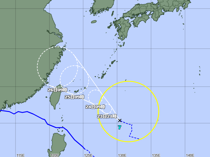 sagashimbun's tweet card. 気象庁は23日、日本の南で熱帯低気圧が台風7号に変わったと発表した。今後、北西に進み沖縄地方に接近する可能性がある。　23日9時、日本の南の北緯20度25分、東経130度25分において、熱帯低気圧が台風第7号になった。台風は1時間におよそ20キロの速さで北西へ進んでいる。中心の気圧は996ヘクトパスカル、中心付近の最大風速は18メートル、最大瞬間風速は25メートルで中心の北東側650キロ以内...