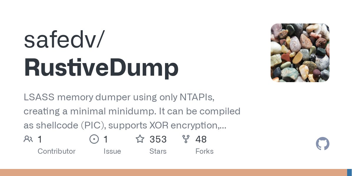 safe0x17's tweet card. LSASS memory dumper using only NTAPIs, creating a minimal minidump. It can be compiled as shellcode (PIC), supports XOR encryption, and remote file transmission. - safedv/RustiveDump