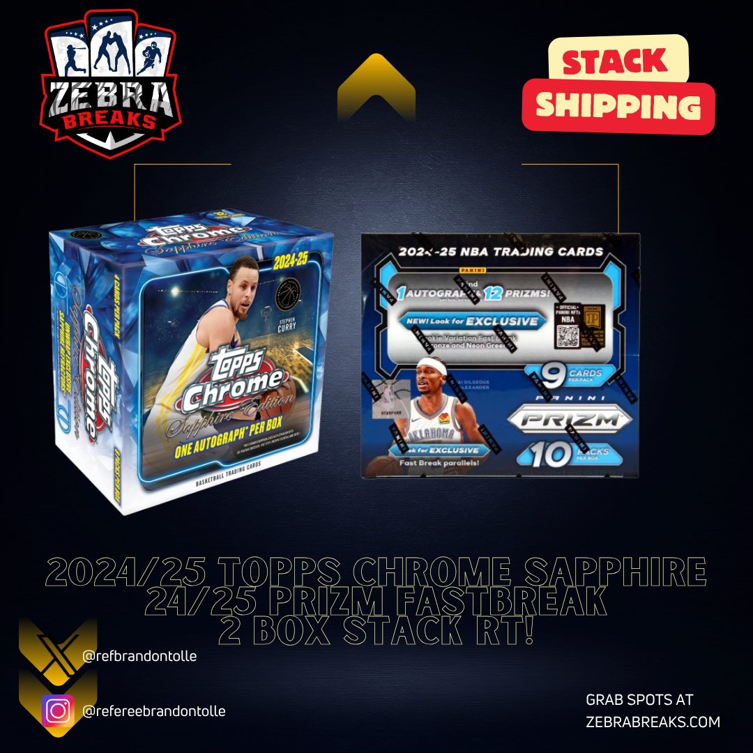 RefBrandonTolle's tweet card. $20.00 - 24/25 Topps Chrome Sapphire Basketball/24/25 Prizm Fastbreak ***STACK SHIPPING APPLIES*** All cards stack, you can request shipping by purchasing the "Stack Shipping Request" Item in the...