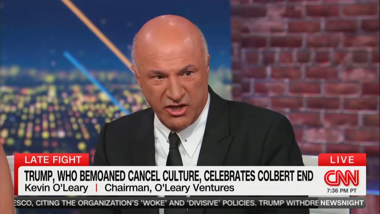 Mediaite's tweet card. Shark Tank co-host Kevin O'Leary tore into CBS Late Show host Stephen Colbert on Tuesday for his profane attack on President Donald Trump