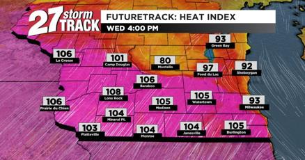 CamHopmanWx's tweet card. Temperatures in the 90s with heat indices in the triple digits pushes into Southern Wisconsin.