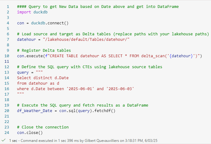 GilbertQue's tweet card. In this blog post I explain how to loop through a list of dates in the data frame, combine the results and write once to a lake house table in Microsoft Fabric.
