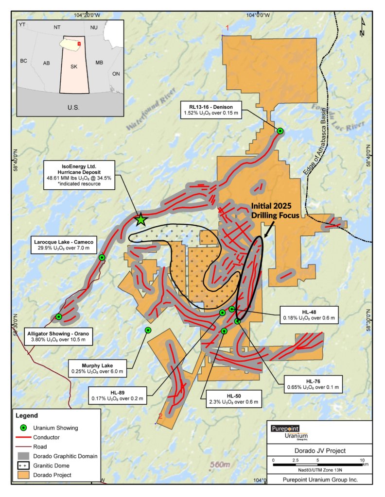 PurepointU3O8's tweet card. The 2025 drill campaign will include approximately 5,400 metres across 18 holes, targeting high-priority EM conductors for uranium mineralization within the underexplored Dorado Graphitic Domain.