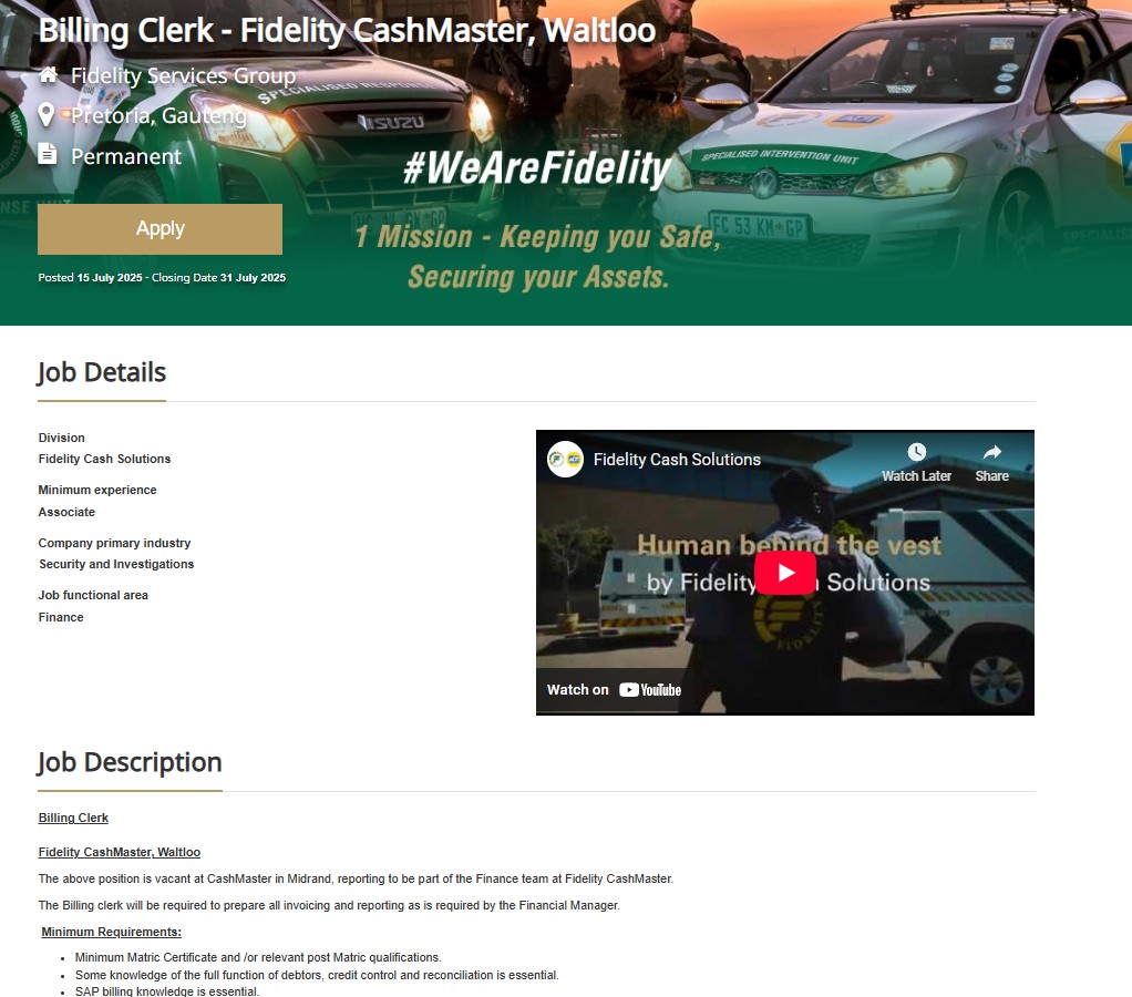 DeeJobplug's tweet card. Fidelity Services Group is inviting South African jobseekers with Grade 12 or related to apply for their Billing Clerk vacancy in Waltloo, Pretoria – South