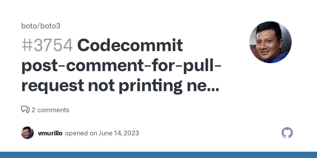 tosuri13's tweet card. Describe the bug When using the post_comment_for_compared_commit function the content parameter omits the new line characters when the comment is displayed in codecommit. Expected Behavior If the c...