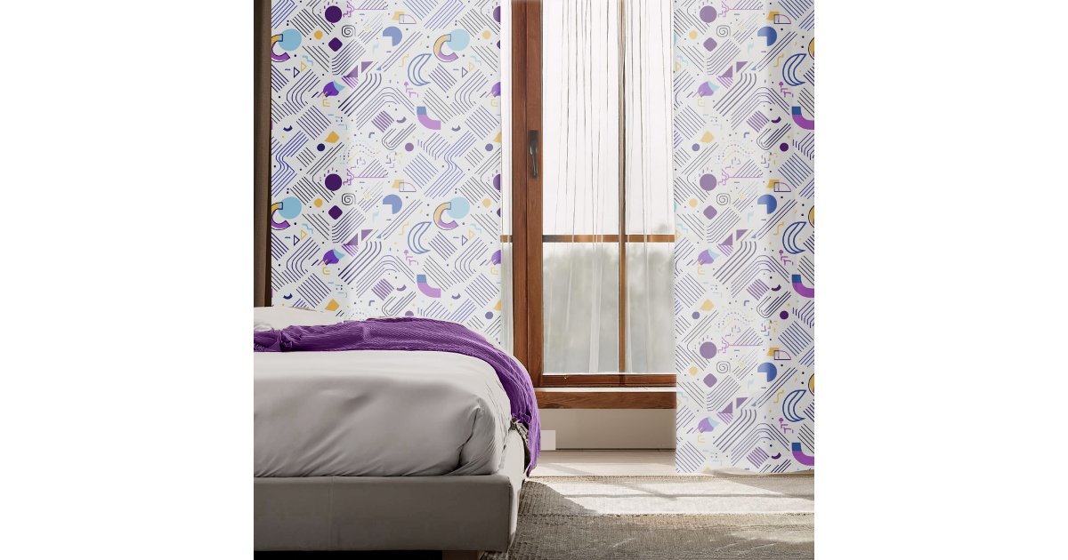 ArrayStores's tweet card. This Memphis-inspired geometric abstract design brings a modern twist to mid-century style with it's playful shapes and colorful palette of violet purple, baby blue, and golden yellow on a crisp...