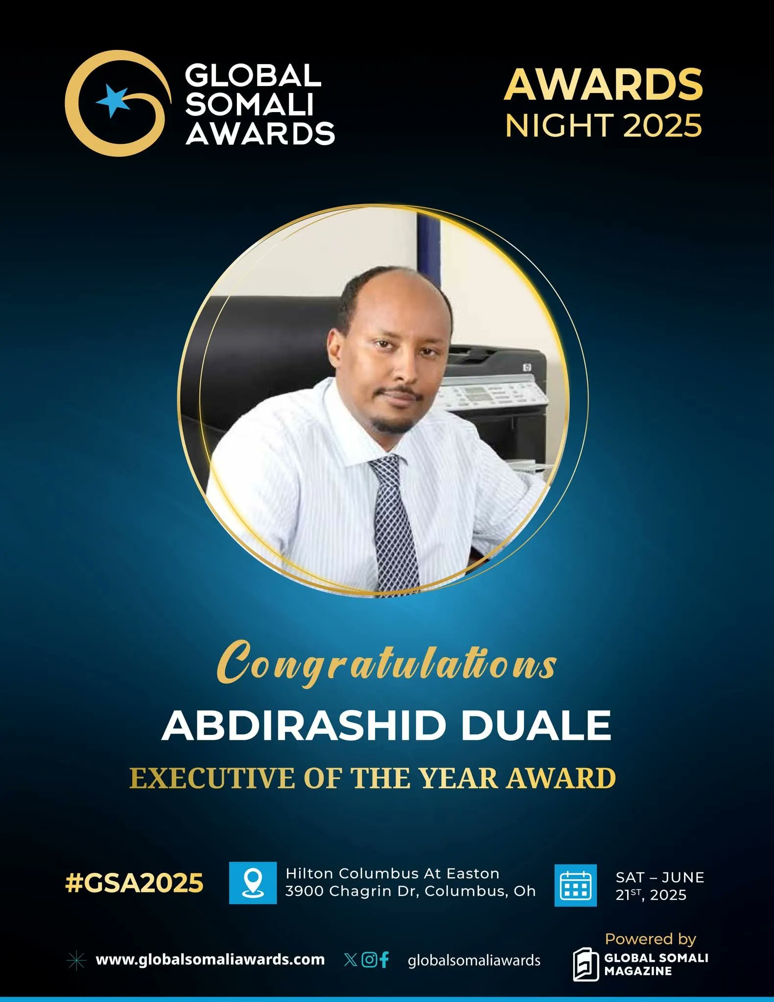 HornDiplomat's tweet card. Abdirashid Duale, the CEO of Africa’s largest money transfer company, Dahabshiil, has been awarded the prestigious Leadership Award at the Global Somali Awards 2025, held in Columbus, Ohio, USA. The...